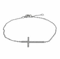 Sterling Silver With Rhodium, 14X26mm Cross Charm Bracelet With Cubic Zirconia