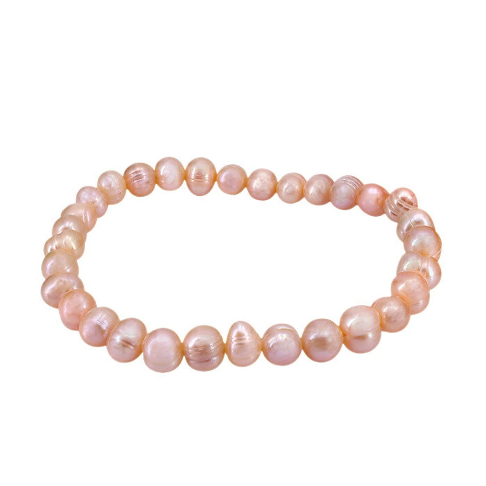 Peachy Pink Freshwater Pearl Elastic Bracelet, 6X8mm