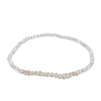 Sterling Silver, 3mm Ball Beads With 3mm Freshwater Pearl Beads, Elastic Bracelet