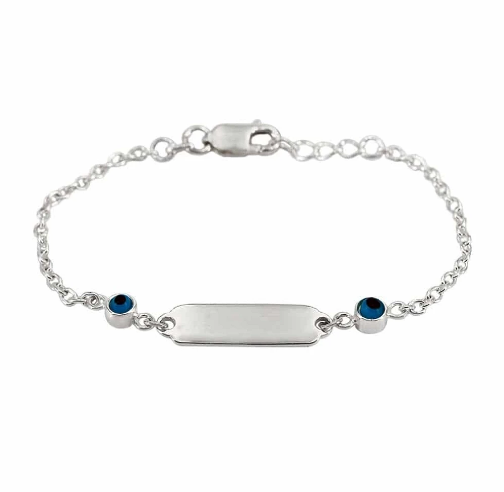 Sterling Silver With Rhodium, 4mm Evil Eye Baby Id Bracelet With 2mm Cable Chain, 15X5mm Id Plate