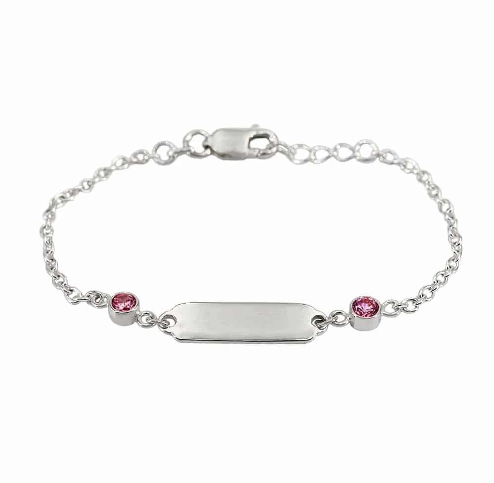 Sterling Silver With Rhodium, Baby Id Bracelet With 4mm Cubic Zirconia, 2mm Cable Chain