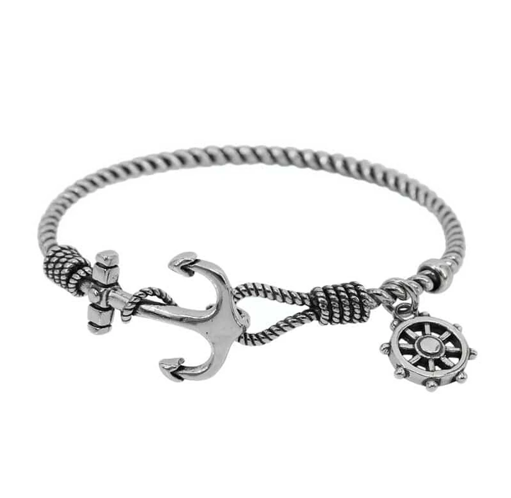 Sterling Silver, Anchor Bangle With Ship Wheel Charm, 18mm Width