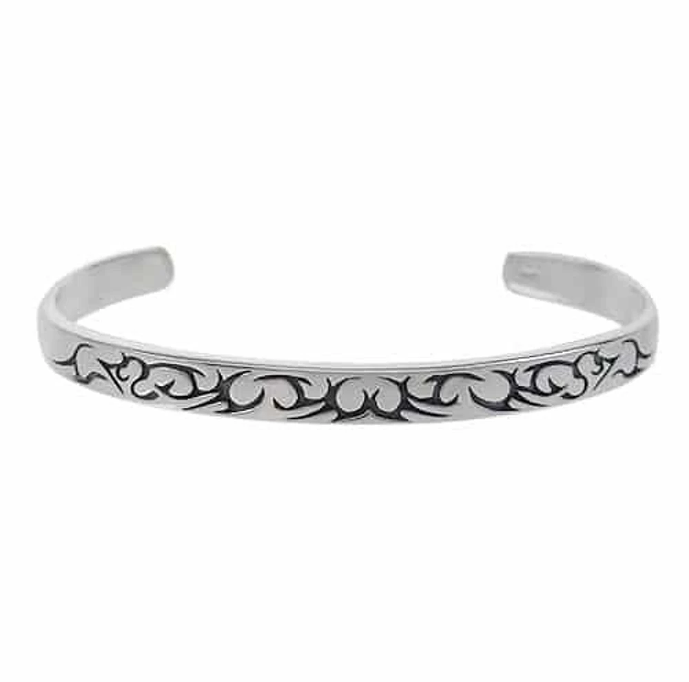 Sterling Silver, Fancy Style Bangle With Detail Design. Approx Size: 6mm Width