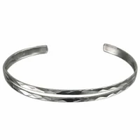 Sterling Silver, Hammered Finish Bangle With A Smooth, Flat Double Bar Design. Approximate Size: 11mm W X 1mm T