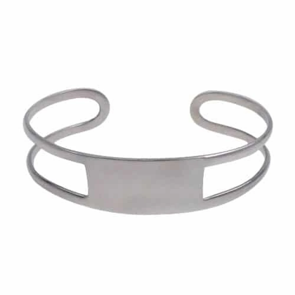 Stelring Silver, Fancy Style Bangle With A Flat Bar And Rectangular Shape On The Center. Approx Size: 14mm Width