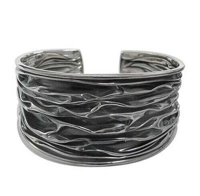 Sterling Silver With Oxidized Finish, Fancy Style Bangle With Wrinkle Design. Approx Size: 34mm Width