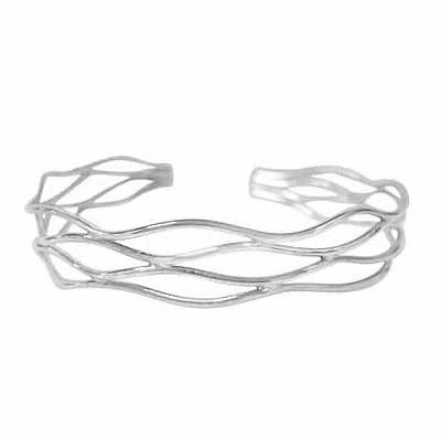 Sterling Silver, Wavy Style Cuff Bangle. Approximate Size: 8mm Width X 1mm Thickness