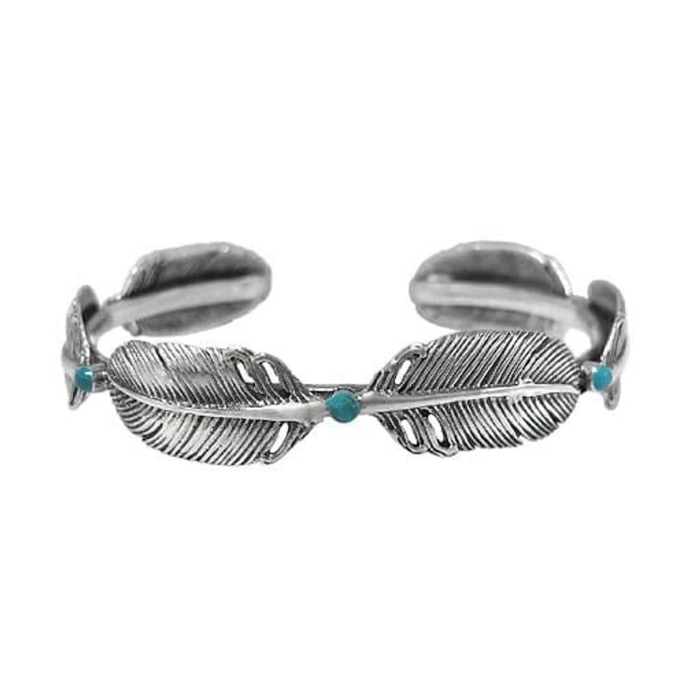 Sterling Silver With Oxidized Finish, Feather Bangle With 2mm Synthetic Turquoise. Approximate Size: 11mm Width