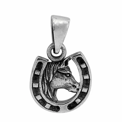 Sterling Silver, Horse Head And Horseshoes Pendant