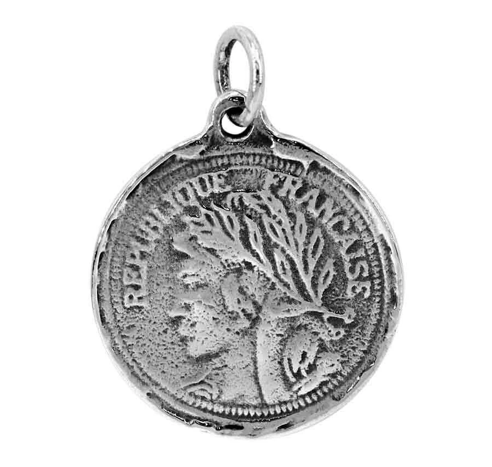 Sterling Silver, Republique Francaise Coin Pendant With 6mm Loop, 19mm Diameter And 1mm Thickness