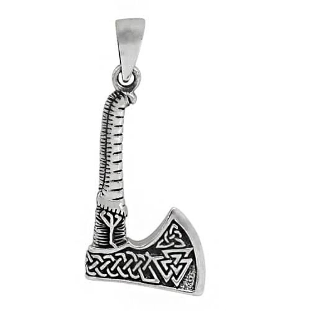 Sterling Silver, 30X18mm Viking Axe Pendant With Valknut Triquetra