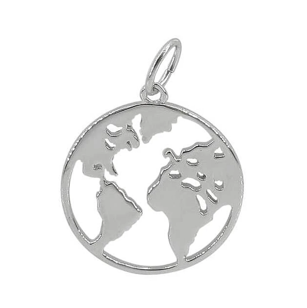 Sterling Silver With Rhodium, World Map Pendant, 17mm (Outer Diameter)