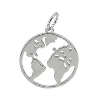 Sterling Silver With Rhodium, World Map Pendant, 17mm (Outer Diameter)