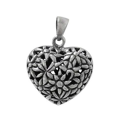 Sterling Silver, Heart Pendant With Flower Design. Approximate Frame Size: 20mm L X 21mm W X 10mm T