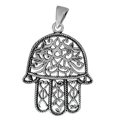 Sterling Silver, Unique Style Hamsa Pendant. Approx Pendant Size: 35mm L X 28mm W X 1.5mm T