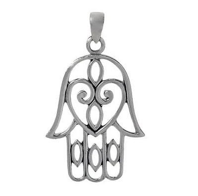 Sterling Silver, Filigree Style, Smooth Flat Hamsa Pendant. Approx Size: 38mm L X 29mm W X 1mm T