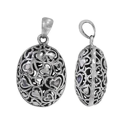 Sterling Silver, Oval Pendant With Heart Filigree Design. Approximate Frame Size: 27mm L X 21mm W X 14mm T
