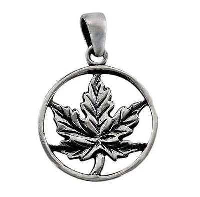 Sterling Silver, Smooth Maple Leaf Pendant With A Round Frame. Approx Pendant Size: 18mm D X 1mm T