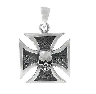 Sterling Silver, Detail Skull Head With Cross Shape Pendant. Approx Pendant Size: 24mm L X 23mm W
