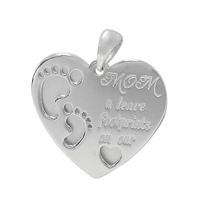 Rhodium Plated On Sterling Silver, Double Flat Heart Pendant With Words. Approximate Pendant Size: 17mm L X 20mm W