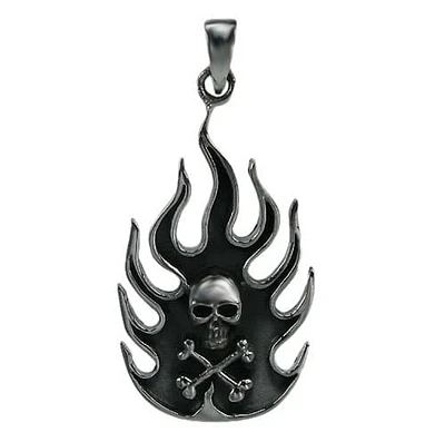 Sterling Silver, Fancy Style, Fire Shape Pendant With A Skull. Approx Pendant Size: 42mm L X 23mm W