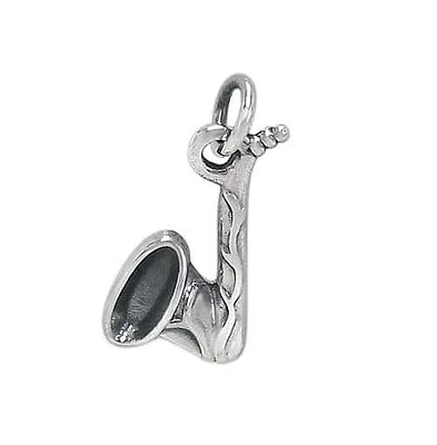 Rhodium Plated On Sterling Silver, Saxophone Pendant With 6mm Loop. Approximate Frame Size: 20mm L X 11mm W