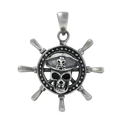 Sterling Silver, Pirate Skull Head With Boat Sailing Ship Wheel Pendant. Approximate Frame Size: 32mm Diameter