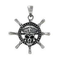 Sterling Silver, Pirate Skull Head With Boat Sailing Ship Wheel Pendant. Approximate Frame Size: 32mm Diameter