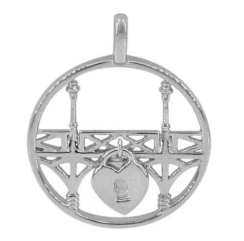 Sterling Silver With Rhodium Love Lock Bridge Pendant, 22mm Diameter(Outer Frame)