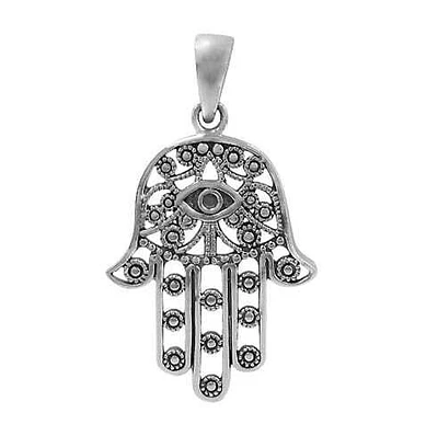 Sterling Silver, Evil Eye And Hamsa Pendant With Filigree Design. Approx Pendant Size: 28mm L X 22mm W X 1.5mm T