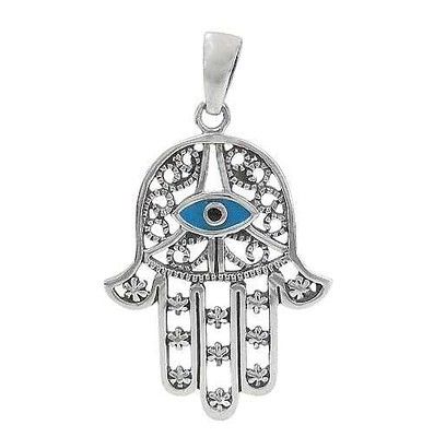 Sterling Silver, Evil Eye And Hamsa Pendant With Filigree Design. Approx Pendant Size: 30mm L X 25mm W X 2mm T