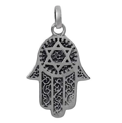 Sterling Silver, Fancy Style Flat Hamsa Pendant. Approx Size: 23mm L X 16mm W