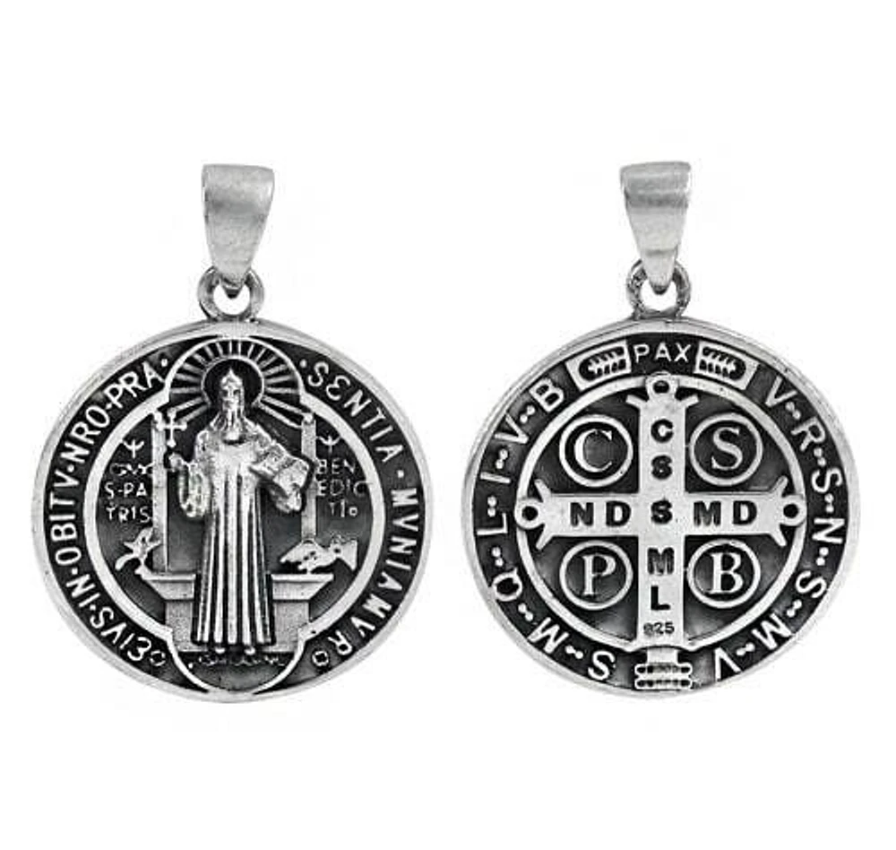 Sterling Silver St. Benedict Medal Pendant, 27mm Diameter