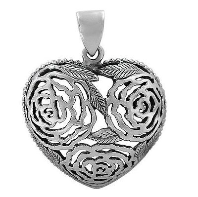 Sterling Silver, Filigree Style, Smooth Heart Shape Pendant With Flower Design. Approx Pendant Size: 35Mm L X 35Mm W.