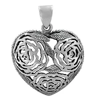 Sterling Silver, Filigree Style, Smooth Heart Shape Pendant With Flower Design. Approx Pendant Size: 35Mm L X 35Mm W.