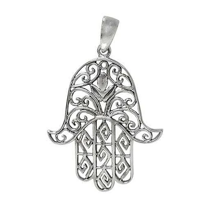 Sterling Silver, Hamsa Pendant With Filigree Design. Approx Pendant Size: 36mm L X 30mm W X 1.5mm T