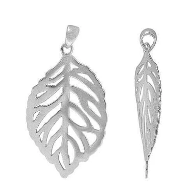 Rhodium Plated On Sterling Silver, Curved Feather Pendant. Approximate Frame Size: 35mm L X 20mm W X 0.5mm T