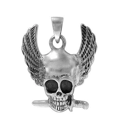 Sterling Silver, Skull Head Pendant With Sword And Wing. Approx Pendant Size: 32mm L X 27mm W