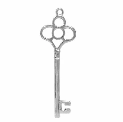 Rhodium Plated On Sterling Silver, Smooth Key Pendant. Approx Pendant Size: 48mm L X 17mm W X 2mm T