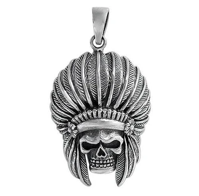 Sterling Silver, Smooth Skull Pendant With Headdress. Approx Pendant Size: 34mm L X 25mm W X 6mm T