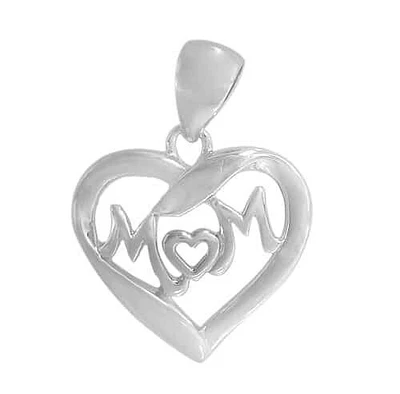 Rhodium Plated On Sterling Silver, Smooth Heart Shape Pendant With The Word Mom. Approx Pendant Size: 17mm L X 18mm W X 1.5mm T
