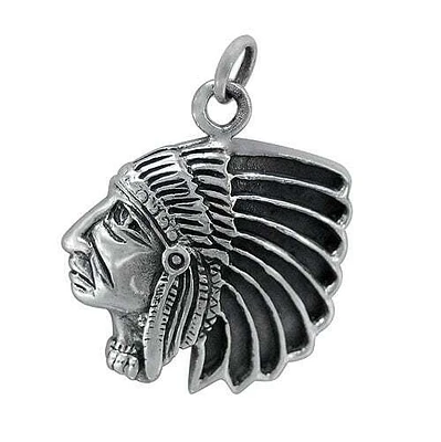 Sterling Silver, Detailed Indian Chief Head Pendant. Approx Pendant Size: 22mm L X 23mm W