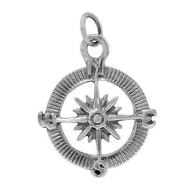Sterling Silver, Flat Compass Pendant. Approx Pendant Size: 23mm Diameter X 2mm Thickness