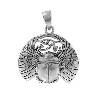 Sterling Silver, Egyptian Amulet Scarab Pendant. Approx Pendant Size: 24mm L X 28mm W