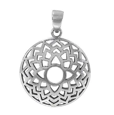 Sterling Silver, Flower Of Life Pendant With A Curved Frame. Approx Pendant Size: 26mm Diameter X 1.5mm Thickness.