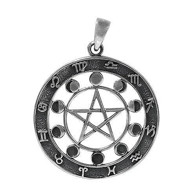 Sterling Silver, Pentagram Zodiac And Moon Wheel Pendant, 36mm Diameter