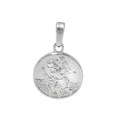 Rhodium Plated On Sterling Silver, Saint Christopher Pendant. Approximate Frame Size: 16mm Diameter X 1.5mm Thickness