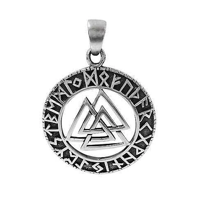 Sterling Silver, Valknut Norse Pendant. Approximate Frame Size: 27mm Diameter X 2mm Thickness