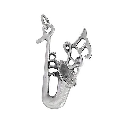 Sterling Silver, Saxophone Pendant With Music Note. Approximate Pendant Size: 37mm L X 24mm W X 3.5mm T