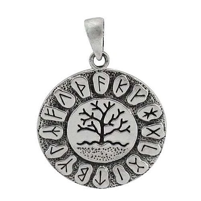 Sterling Silver Viking Tree Of Life Rune Pendant, 28mm Diameter